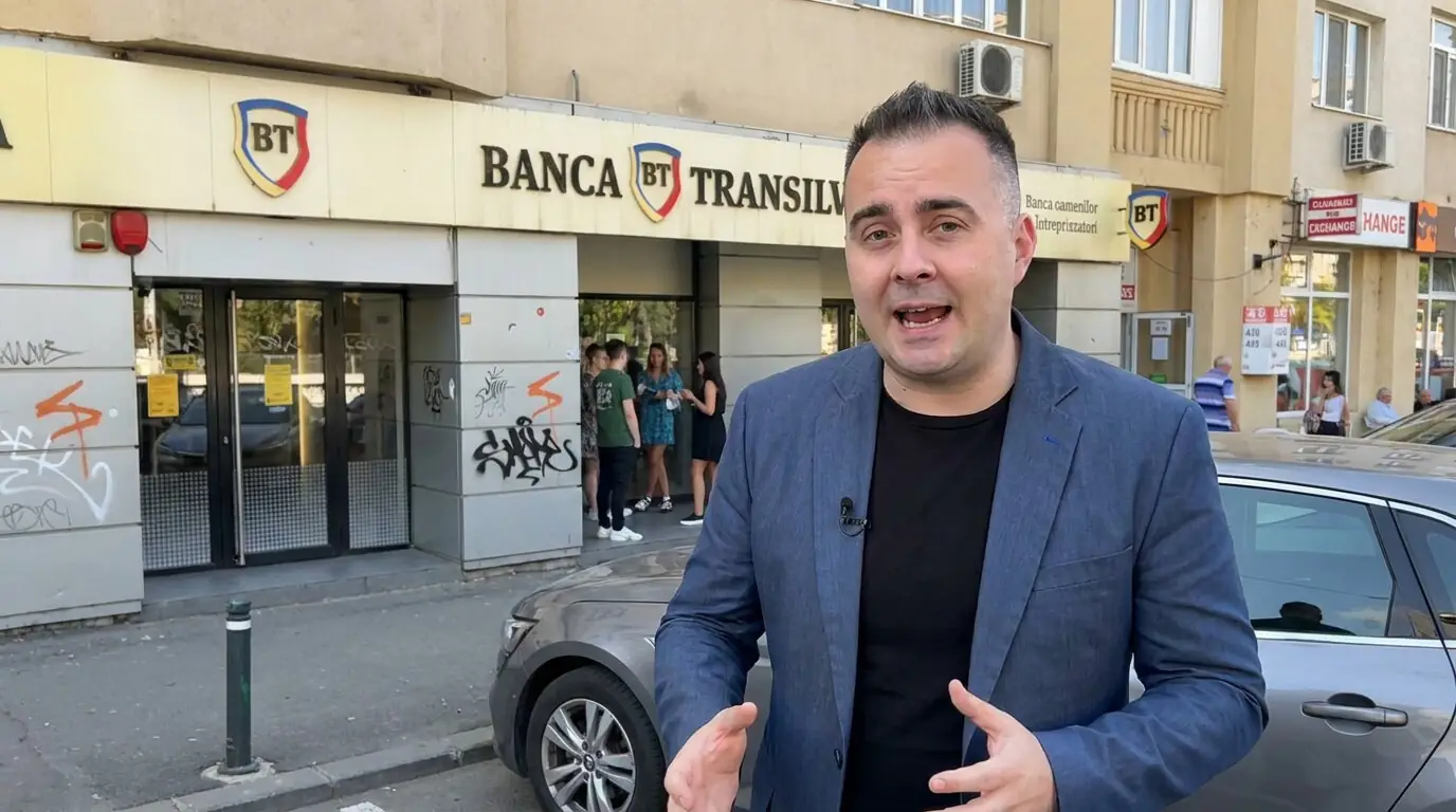 Rareș Năstase în fața sucursalei Banca Transilvania